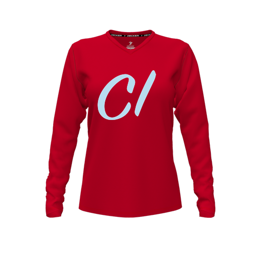 [FTLVCFRD-FYXS-LOGO3] Decker Comfort T-Shirt (Female Youth XS, Red, V Neck, Logo 3, Long Sleeve)