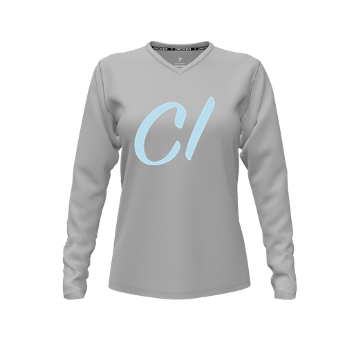 [CUS-DFW-TEES-CMF-VNK-LSL-GRY-FYXS-LOGO3] Decker Comfort T-Shirt (Female Youth XS, Gray, V Neck, Logo 3, Long Sleeve)